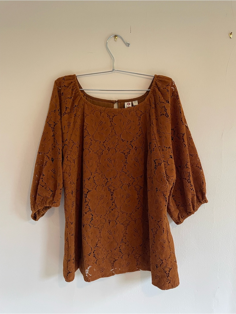 Anthropologie Women's Burnt Orange Lace Puff-Sleeve Blouse